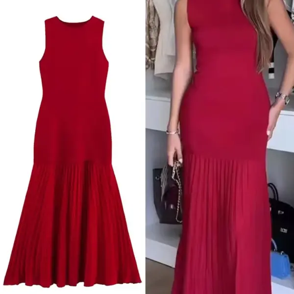 Spring Summer New Women's Dress Pleated Patchwork Simple Temperament Knitted Sleeveless Long Dresses for Women 2025