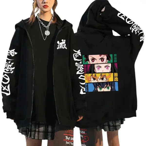 Anime Hoodies Demon Slayer Hooded Sweatshirts Zipper Jackets Tanjiro Zenitsu Inosuke Graphic Zip Up Casual Fashion Streetwear