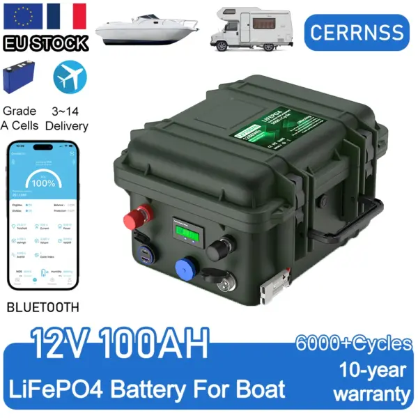 LiFePO4 12V 200Ah 100Ah Battery 2560Wh Bluetooth BMS 140Ah Fish Boat Battery 6000+ Cycles IP56 USB QC Charge EU Fast Delivery