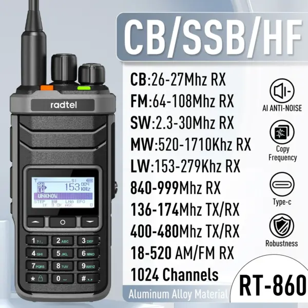 Radtel RT-860 Ham Radio with Short Wave HF SSB CB RX Dual Band Walkie Talkie AM USB LSB CW 1024 Channels Radio, USB-C Battery