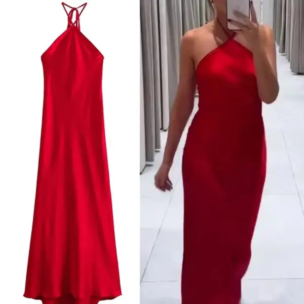 2024 Halter Long Dresses for Women Backless Satin Dress Woman Off Shoulder Sexy Midi Dresses Elegant Evening Party Dress