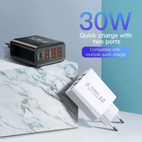 3USB Type C Fast Charger 30W QC3.0 PD Multi Ports Fast Travel Adapter QC4.0 Mobile Phone High Speed Charger For iPhone 16 Xiaomi
