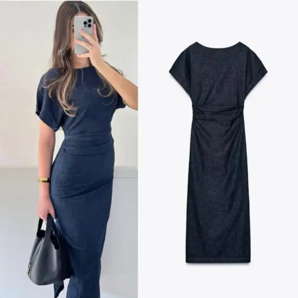 ETJ 2025 summer new women's elegant fashion pleats decorated short sleeve wide round neck slit hem denim dress