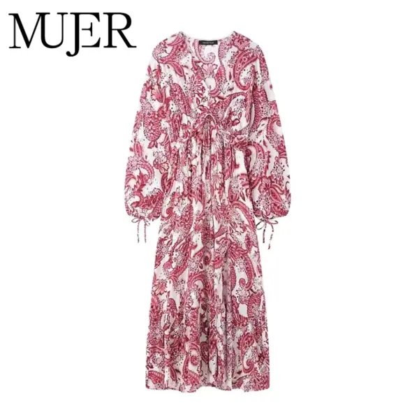 MUJER Print Embroidery Long Dresses for Women Cutwork Boho Midi Dress Woman Long Sleeve Women's Summer Dress Casual Beach Dress