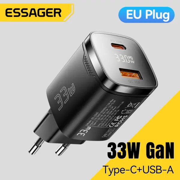 Essager 33W GaN USB Type C Charger Digital Display PD Fast Charging For iPhone 16 15 14 Pro Max iPad Mini 6 Xiaomi Samsung S22