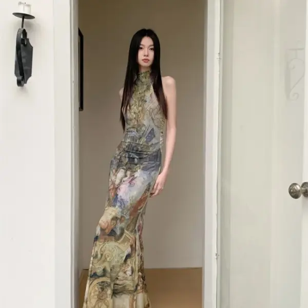 CHEERART Renaissance Oil Painting Long Luxury Dresses Women 2024 Vintage Sleeveless Backless Maxi Dress Brand Designer Summer