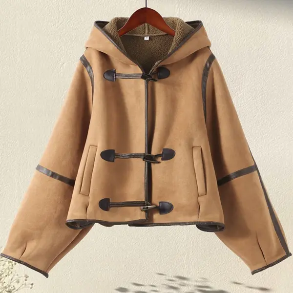 Elegant Hooded Plush Short Coat Women Retro Chic Suede Single Breasted Jackets Coats Female 2025 Winter Casual Street Outwear