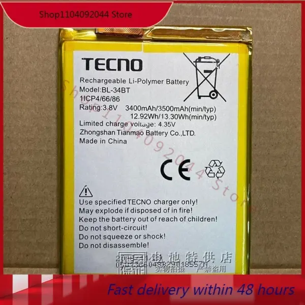 for TECno mobile phone board BL-34BT battery 13.30WH 3500mAh mobile phone battery