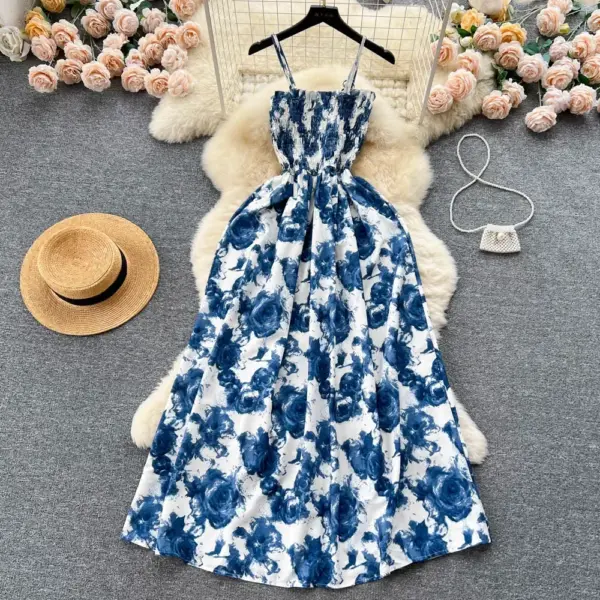 New Summer Korean Fashion Rose Flower Print Romantic Retro Party Dress Elastic High Waist Vacation Long Dress Beach Vestido