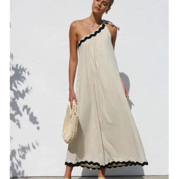 Solid Color Casual Dress For Lady 2025 Summer New French With Sloping Shoulders Lace Up Temperament Vacation Style Long Vestidos