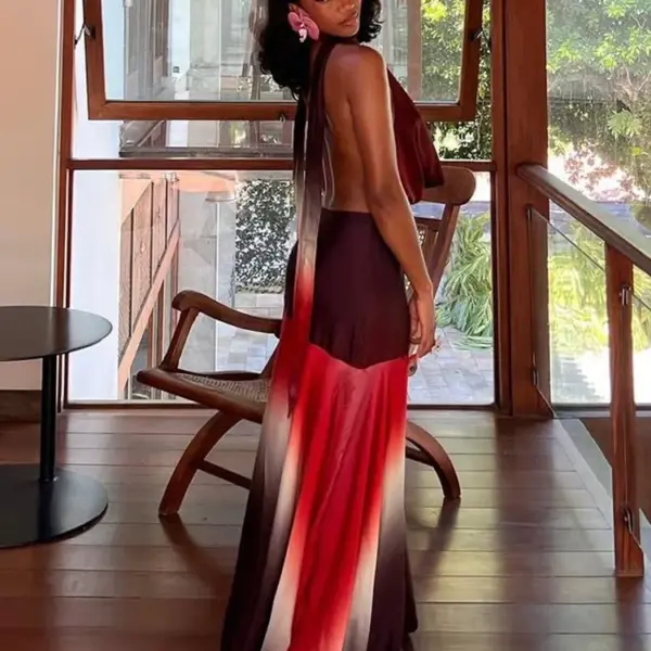 Sisterlinda Summer Release Junior Fashion Leisure Sexy High Street Long Dress K25D66166 Girl Printing Halter Slim Backless Robe