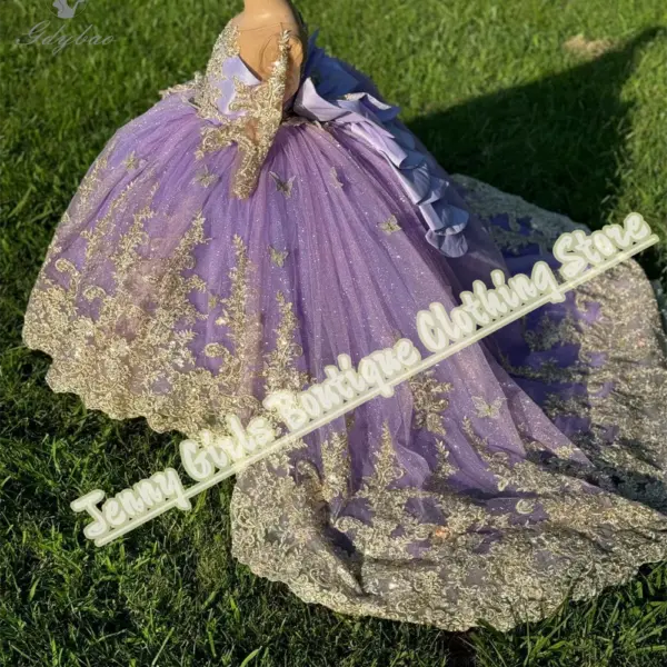 Lavender Girl Princess Dress Blonde Lace Appliqué Fluffy Big Bow Long Trail First Communion Wedding Bridesmaid Dress