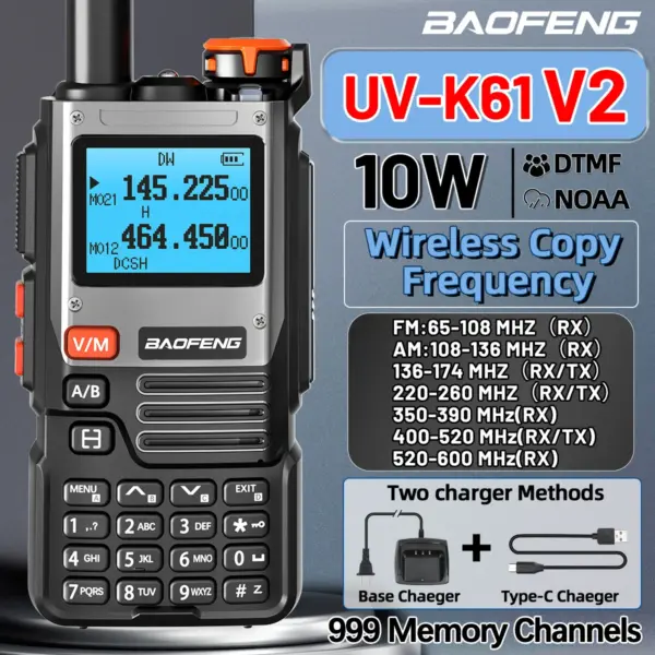 BAOFENG UV-K61 V2 Walkie Talkie Multi Band Wireless Copy Frequency long range 10W AM FM Type-C NOAA UV-5RH UV-21 PRO Ham Radio