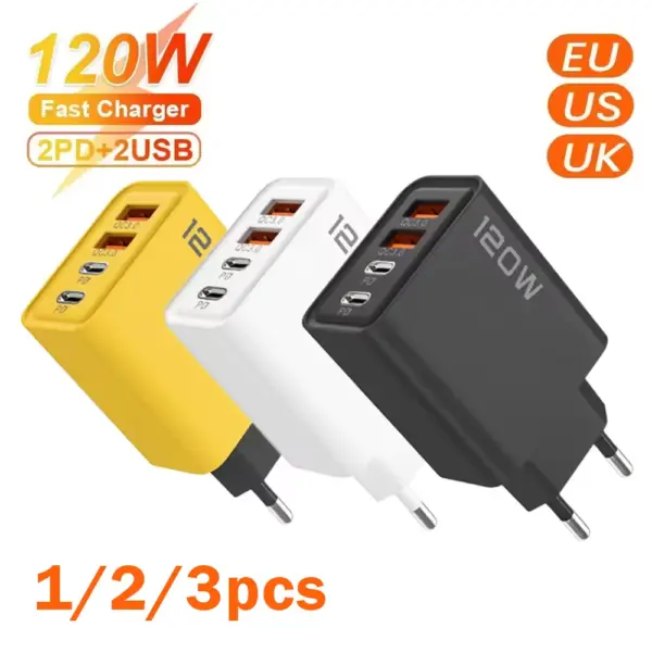 Total 120W 1/2/3 Pcs Fast Charger Type C Quick Charge 3.0 USB Charger Adapter For iPhone Samsung Xiaomi PD Fast Charging Plug