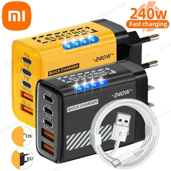 Xiaomi 240W 5 in 1 GaN Desktop Charger Fast Charging Adapter 10A USB To TypeC Cable 3PD 2 USB Charger For IPhone Samsung Laptop