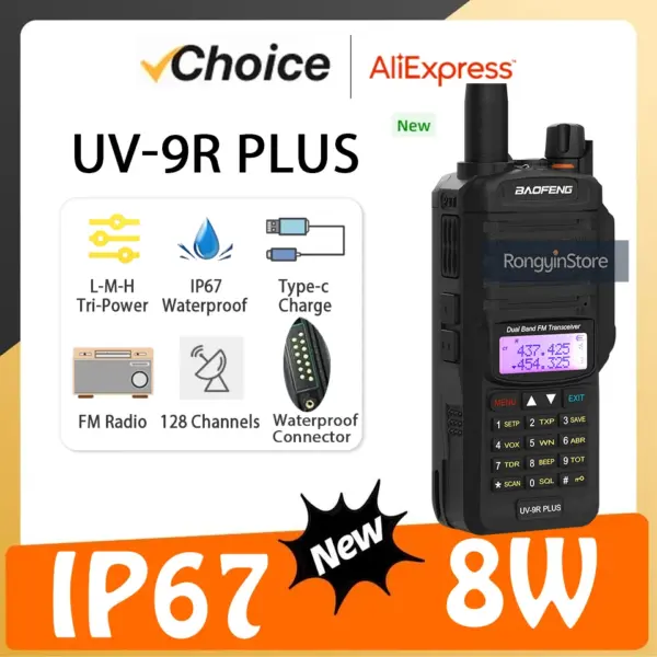 Baofeng UV-9R Plus 8W IP67Waterproof Walkie Talkie USB-C Dual Band Long Range Portable VHF/UHF Transceiver Hunting Two Way Radio