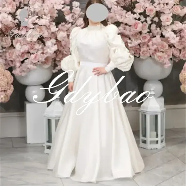 Simple High Neck Long Puff Sleeve A Line Pleat First Communion Dress Floor Length Long Ball Wedding Flower Girl Gown Customized