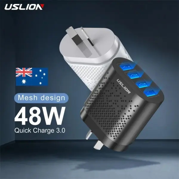 USLION 48W 3A QC3.0 AU Plug USB Charger for Australia Mobile Phone Charger For iPhone 15 14 Samsung 4 Port Fast Wall Chargers