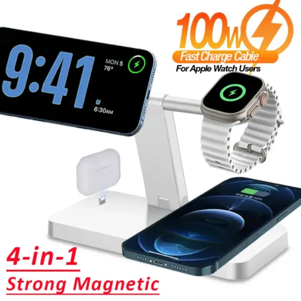 Foldable 100W Magnetic Wireless Charger 4-in-1 Phone Charge Dock For Magsafe iPhone 16-12 Apple Watch AirPods4 Pro Fast Charging
