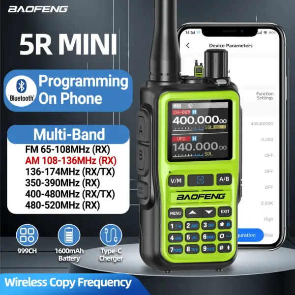 Baofeng UV-5R Mini Walkie Talkie Bluetooth Programming Wireless Copy Frequency Full Band 999CH AM FM Type-C Long Range Ham Radio