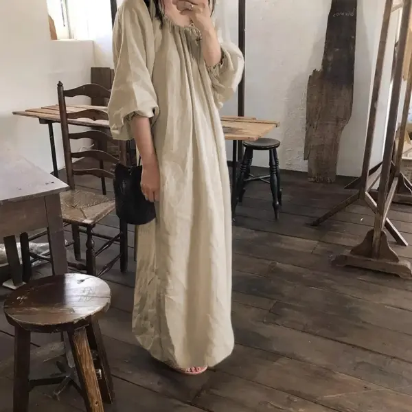 2025 New Spring Vintage Cotton Linen Dress for Women Solid Long Sleeve Drawstring Linen One-Piece Dress Maxi Dress