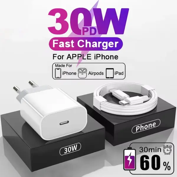For Apple Original 30W Type C Quick Charger For iPhone 16 15 14 13 12 11 Pro Max Mini X XS XR 8 Plus Fast Charging Charge Cable