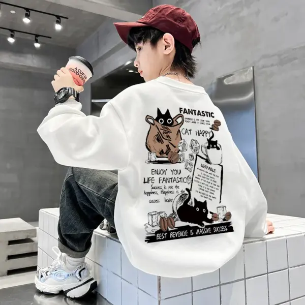 New Boys Girls Sweatshirt Pullover Autumn Korean Version Cartoon Cat Group Printed Long Sleeves T-Shirt Tops Casual Kids Clothes