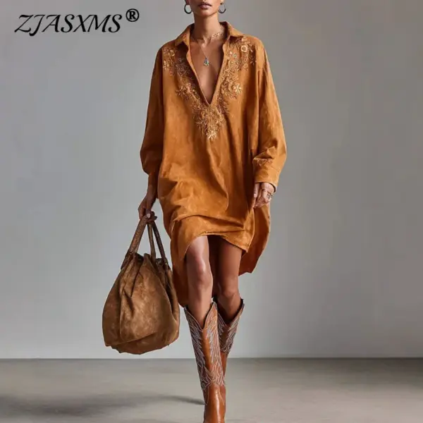 Vintage Suede Embroidered Floral Party Dresses Woman Sexy Deep V Neck Lapel Shirt Dress Long Sleeve Loose Autumn Pullovers Dress