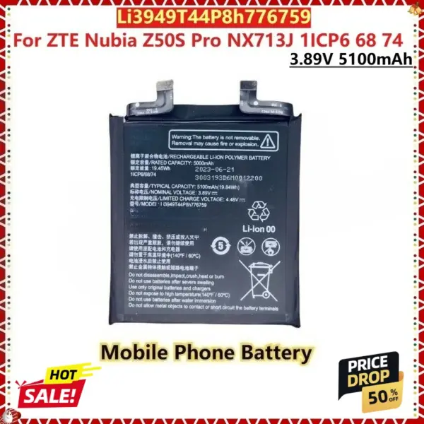 For ZTE Nubia Z50S Pro NX713J 1ICP6 68 74 New Replacement Mobile Phone Battery Come With Tools Li3949T44P8h776759 3.89V 5100mAh
