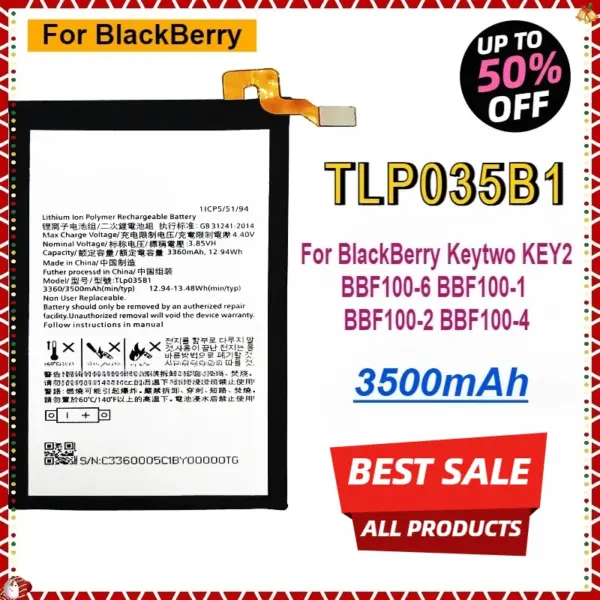 NEW 3500mAh TLP035B1 Mobile Phone Battery for BlackBerry Keytwo KEY2 BBF100-6 BBF100-1 BBF100-2 BBF100-4 Compatible Batteries