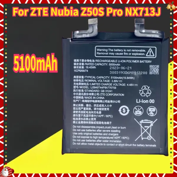 New Li3949T44P8h776759 5100mAh Battery for ZTE Nubia Z50S Pro NX713J Mobile Phone 1ICP6/68/74 Mobile Phone Batteries