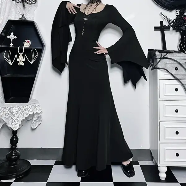 Halloween Costume Women Batwing Sleeve Floor Dress Black Gothic Evil Terror Maxi Mistress Morticia Addam Family Outfit For Adult
