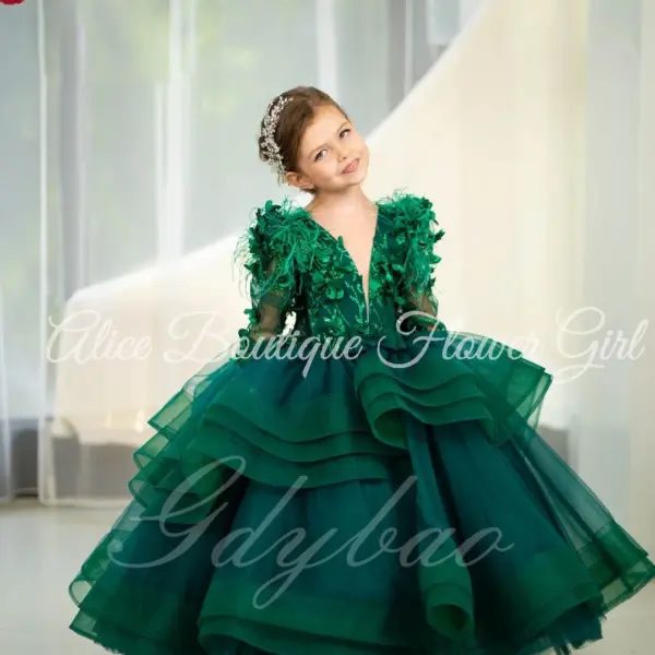 Gorgeous Dark Green Flower Girl Dress Appliques Sequined A-Line Tulle Long Sleeves Tiered Dress For Wedding Birthday Ball Gowns
