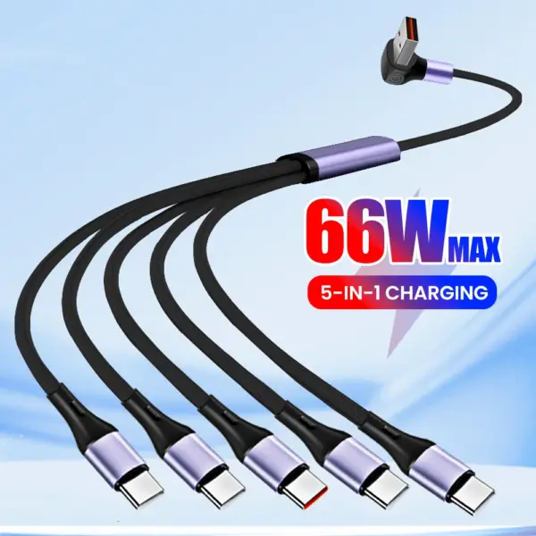 66W USB-A 5-in-1 super fast charging mobile phone USB-A charging cable For iPhone Huawei Samsung Xiaomi data cable