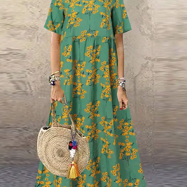 2024 ZANZEA Women Bohemian Short Sleeve Floral Printed Sundress O Neck Holiday Kaftan Vestido Baggy Dress Summer Long Dresses