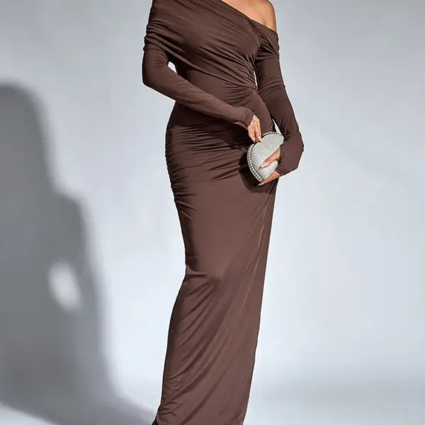 NewAsia Women's Long Sleeve Asymmetric Neck Long Dress One Shoulder Ruched Bodycon Fashion Club Party Maxi Dresses Brown Autumn