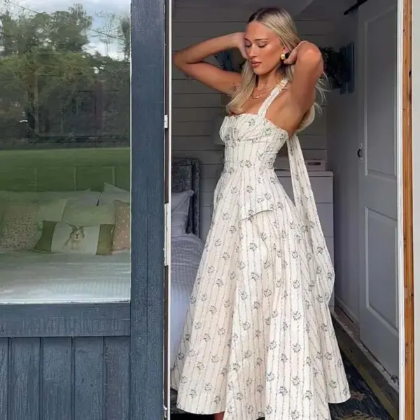 YENKYE Elegant Halter A-line Midi Long Floral Print Dress Women Cotton Holiday Summer Sexy Backless Dresses Party Robe 2025