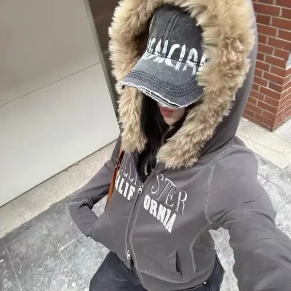 Women Hooded Sweatshirt Fleece Lined Hood Zipper Soft Fabric Double Zipper Design Slim Fit Casual Outfit Trendy Must Have Gray