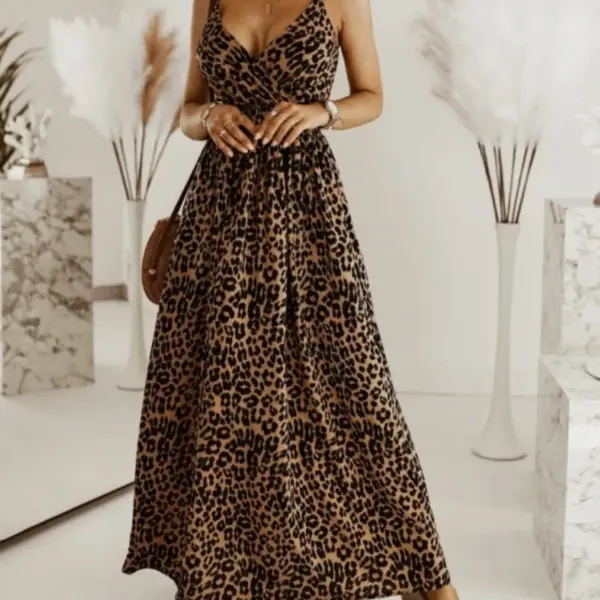Women's Fashionable Long Leopard Print Printed Camisole Dress for Leisure Vacation with Large V-neck and Ankle Skirt
