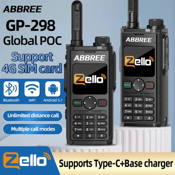 ABBREE GP-298 Network Radio 2G/3G/4G SIM Card Zello Android Bluetooth Cell Phone WIFI GPS Global POC Long Range Walkie Talkie
