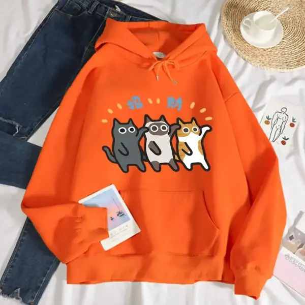 Orange Cat Siamese Printing Womens Sweatshirt Casual Loose Hooded New Soft Fleece Comfortable Hoodies Street Autumn Clothing