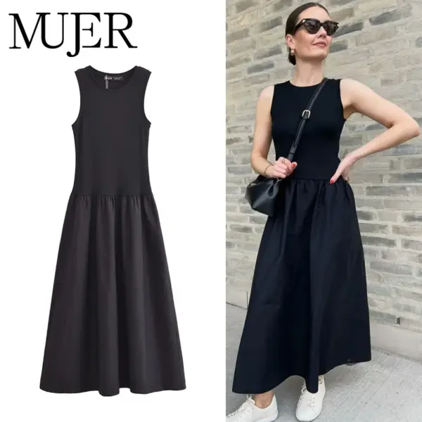 MUJER Black Pleated Long Dresses for Women Knitted Sleeveless Maxi Dress Woman Vintage Party Womens Dresses Spring Casual Dress