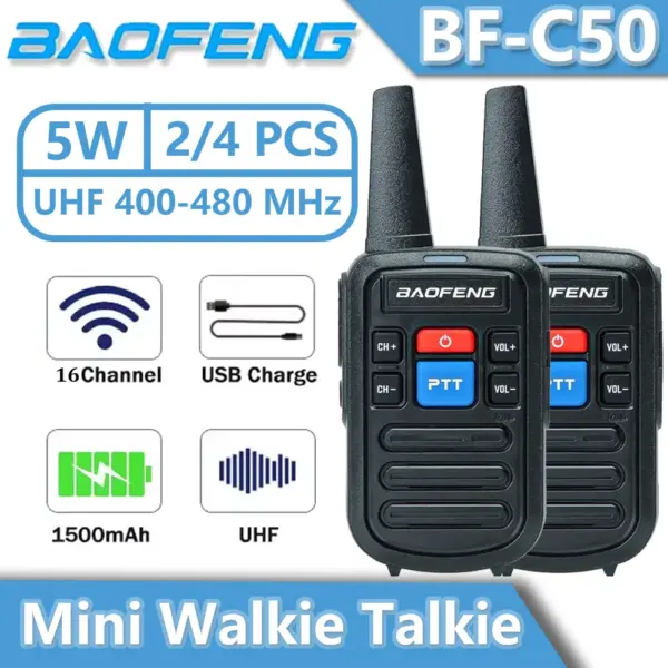 Baofeng BF-C50 Mini Walkie Talkie 5W UHF Dual PTT with Type-C Charger Child Intercom 1500mAh HF Transceiver Ham Radio