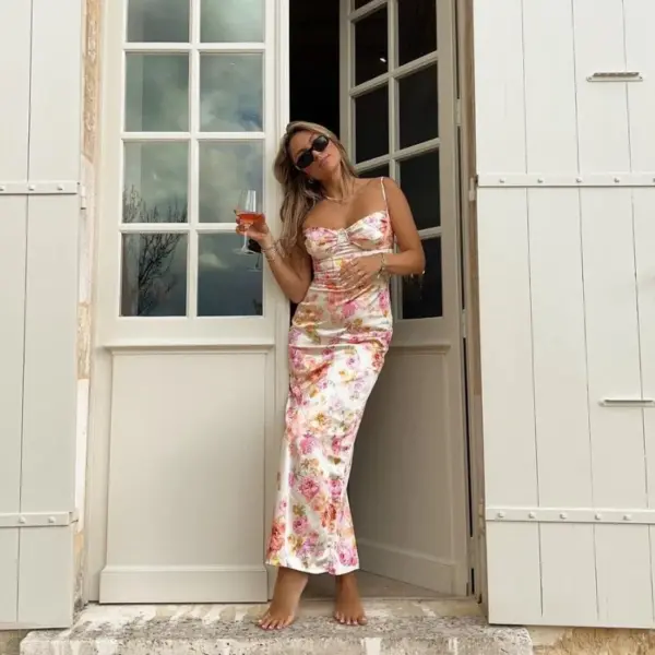 Robe Femme 2025 Summer Spaghetti Strap Floral Print Party Dresses Elegant Maxi Bodycon Wedding Guest Holiday Dress New In Dress