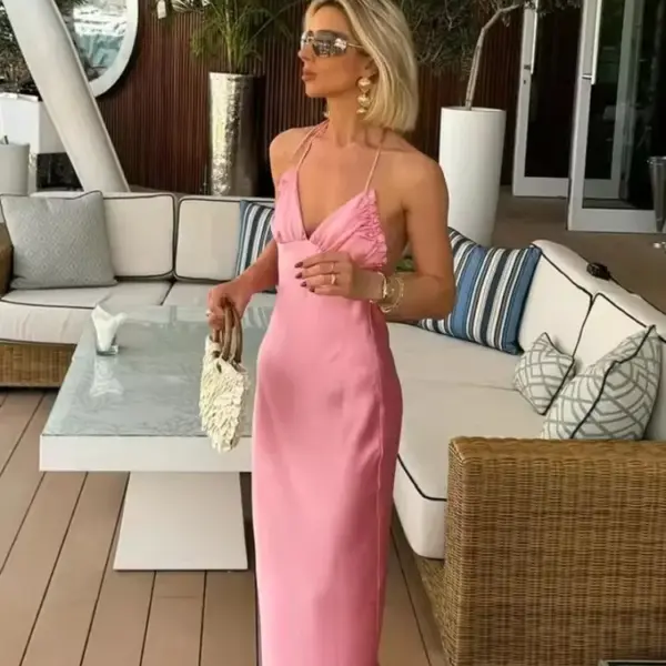 2025 Summer Stain Halter Long Dress Women Chic V-Neck Backless Wrapped Slim Robes Lady Casual Vocation Streetwear Pink Vestidos