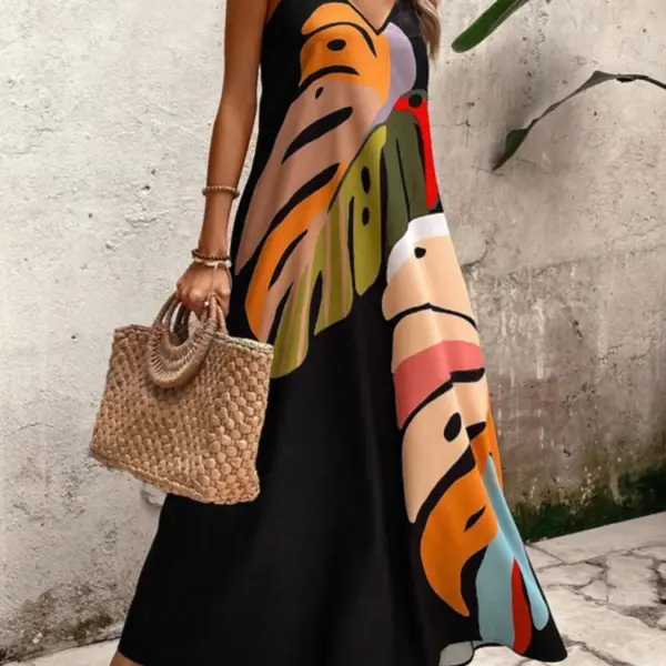 Women's elegant casual thin shoulder suspender A pendulum loose version long skirt summer fashion floral print dress