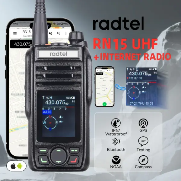 Radtel RN15 5W Long Range UHF Walkie Talkie IP67 Waterproof GPS Bluetooth App Programming Texting Compass 5000 Miles Off-Grid