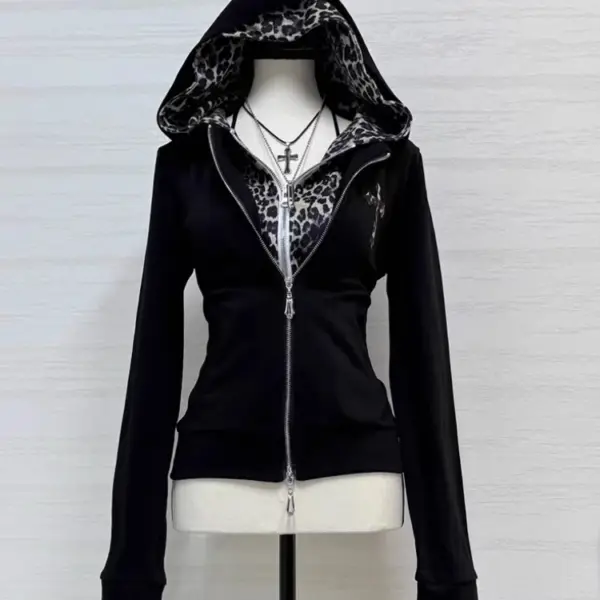 Y2K Subculture Leopard Print Hooded Hoodie Women Vintage Patchwork Fake Two Piece Sweatshirt Autumn Fashion Zip Jacket Tops New