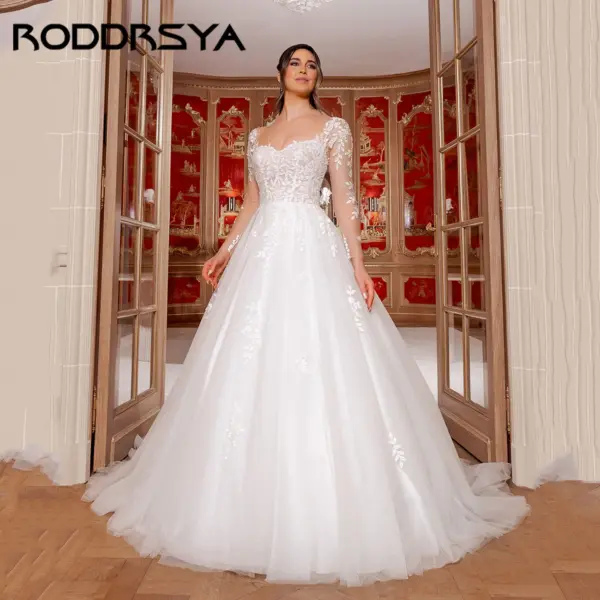RODDRSYA A-Line Tulle Bridal Dresses Detachable Long Sleeve V-Back Appliques Wedding Gowns Sweetheart robe de mariée Customized