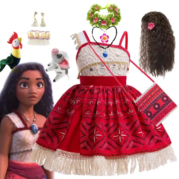 Girls Moana Princess Dress for Kids Carnival Cosplay Costume Children Birthday Party Headwear Necklace Flower Clothes Set Vaiana